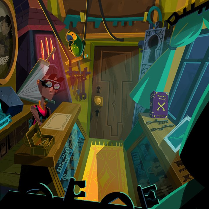 A shopkeep looks over his collection of keys in Return to Monkey Island.