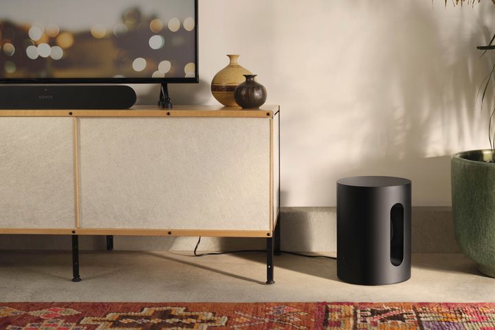 Sonos Sub Mini in black, with a Sonos Ray soundbar.