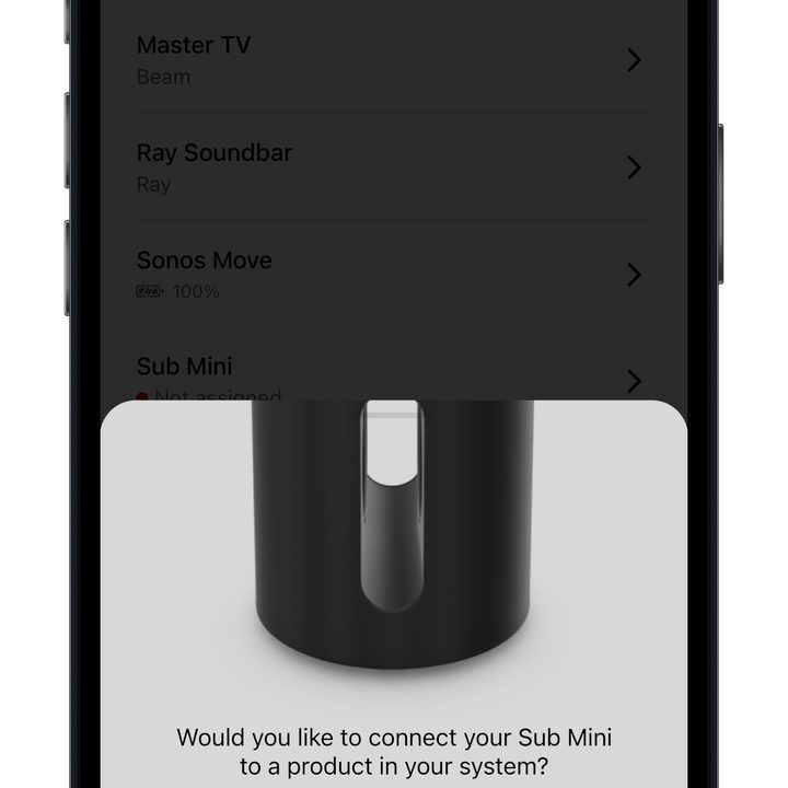 Sonos app showing second Sub Mini set up screen.