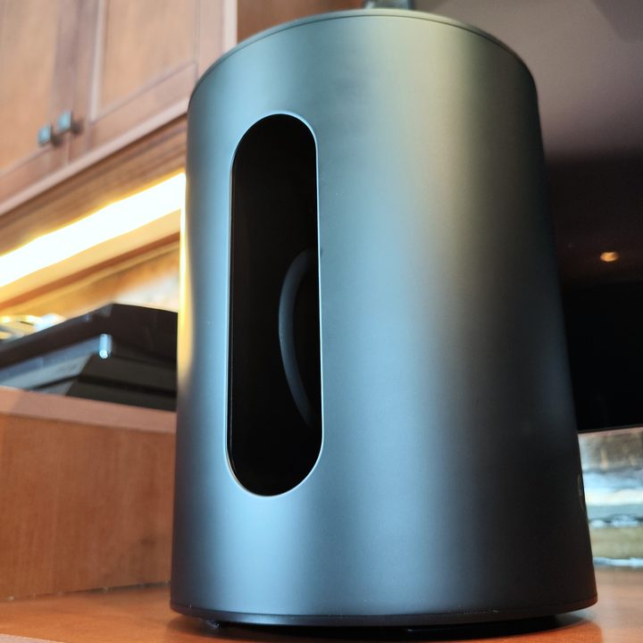 Sonos Sub Mini speaker on a counter top.