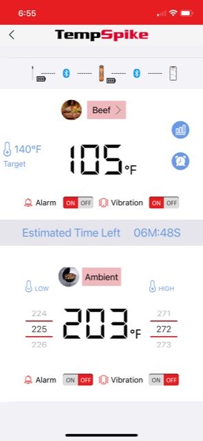 Temperature reading on the TempSpike app.