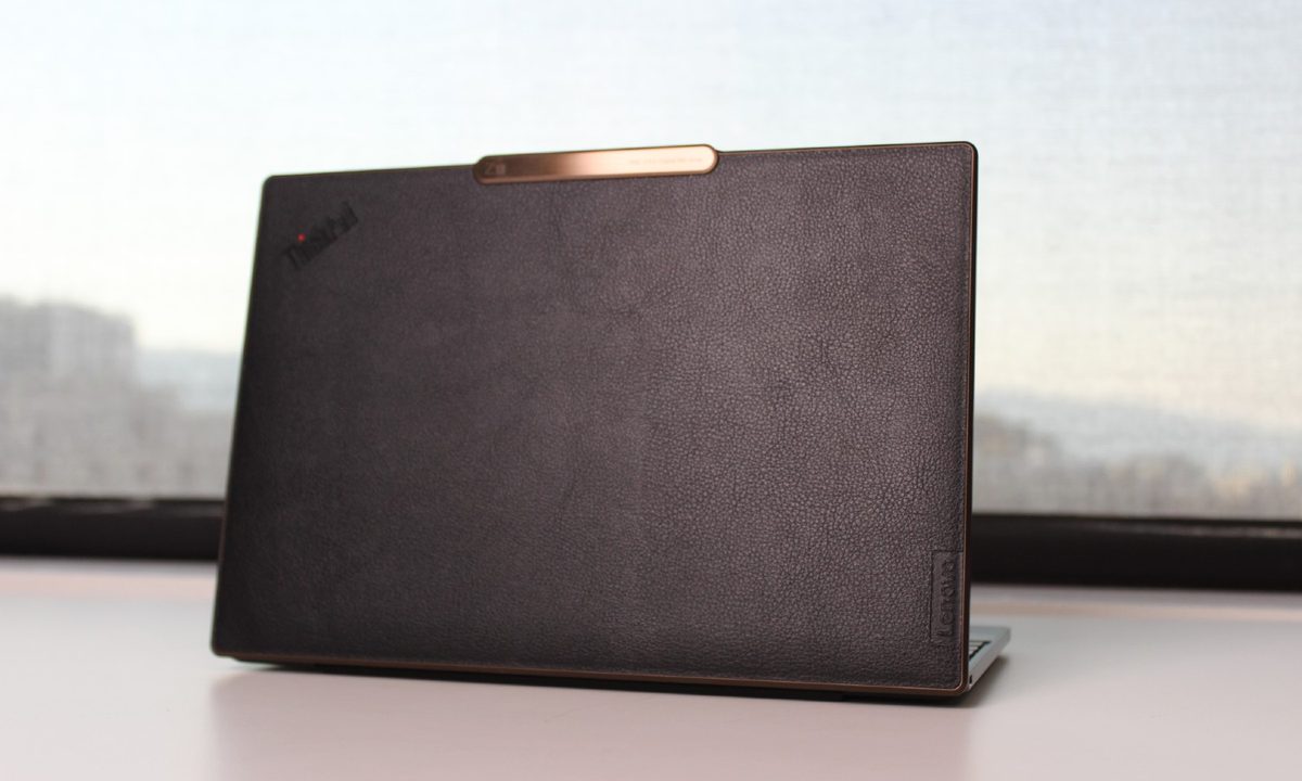 The faux-leather lid of the ThinkPad Z13.