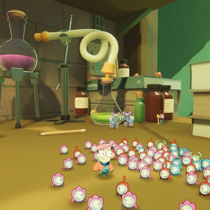 Milo and an army of Tinykin stand in a lab.