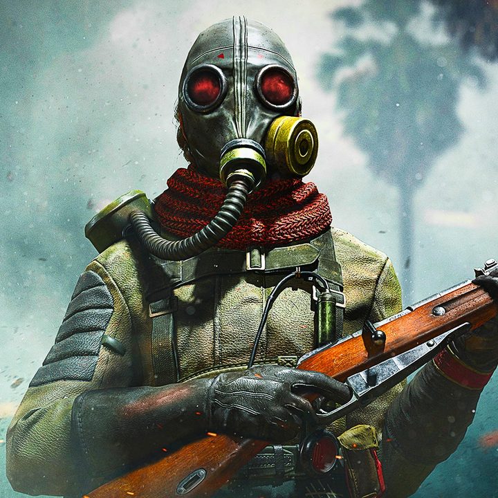 Character with gas mask holding weapon in Warzone.