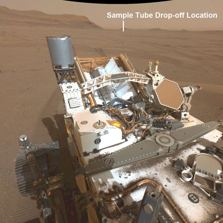 This annotated image from NASA’s Perseverance shows the location of the first sample depot – where the Mars rover will deposit a group of sample tubes for possible future return to Earth.