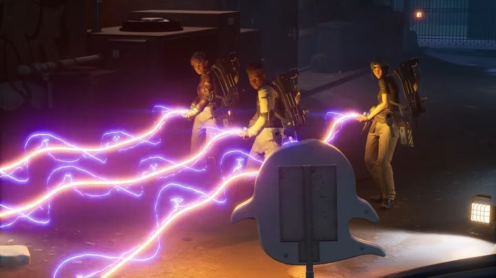 Three ghostbusters shooting.