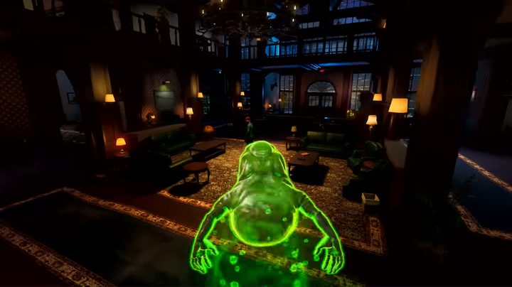 Slimer in a library.