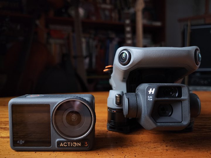 The DJI Osmo Action 3 next to the DJI Mavic 3.