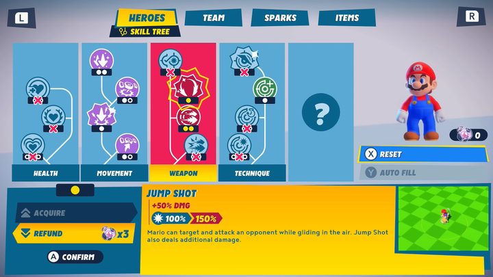 Mario's skill tree menu.