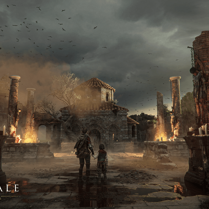 Amicia and Hugo walk towards a building in A Plague Tale: Requiem.