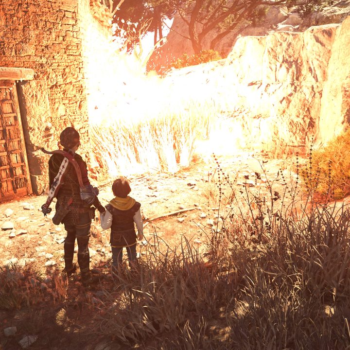 Amicia and Hugo watch flames erupt on grass