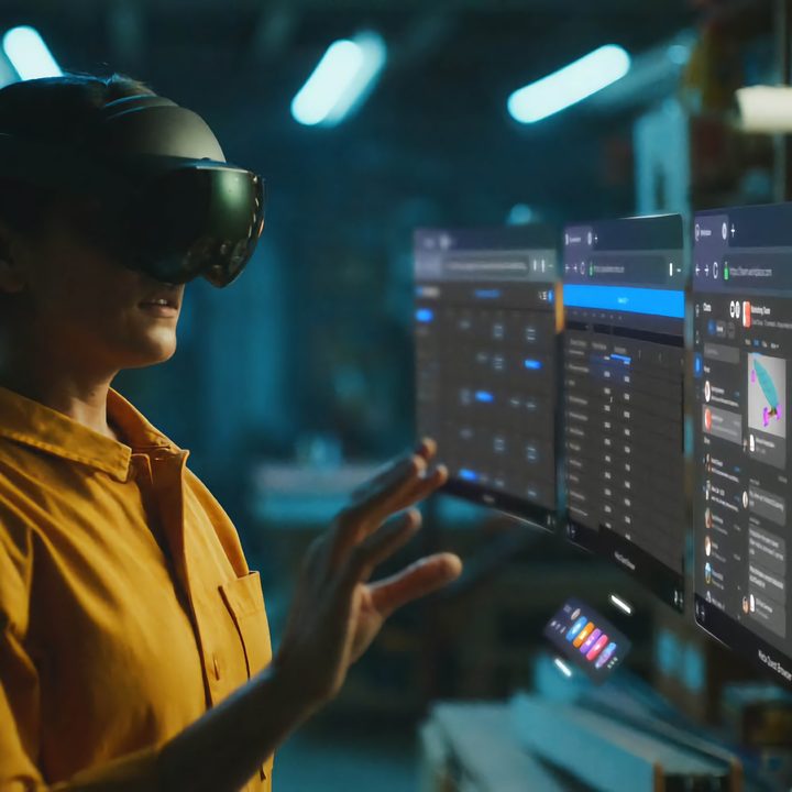 A person wearing a Meta Quest Pro headset interacts with VR.