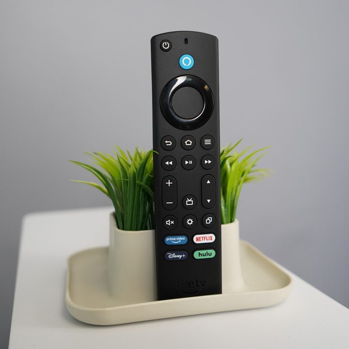 Amazon Fire TV Omni QLED remote control.