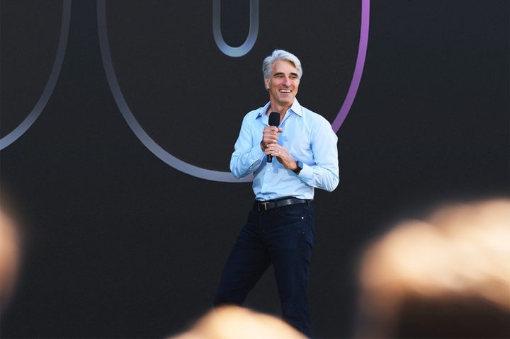 Apple executive Craig Federighi speaks at the company's Worldwide Developers Conference (WWDC) in June 2022.