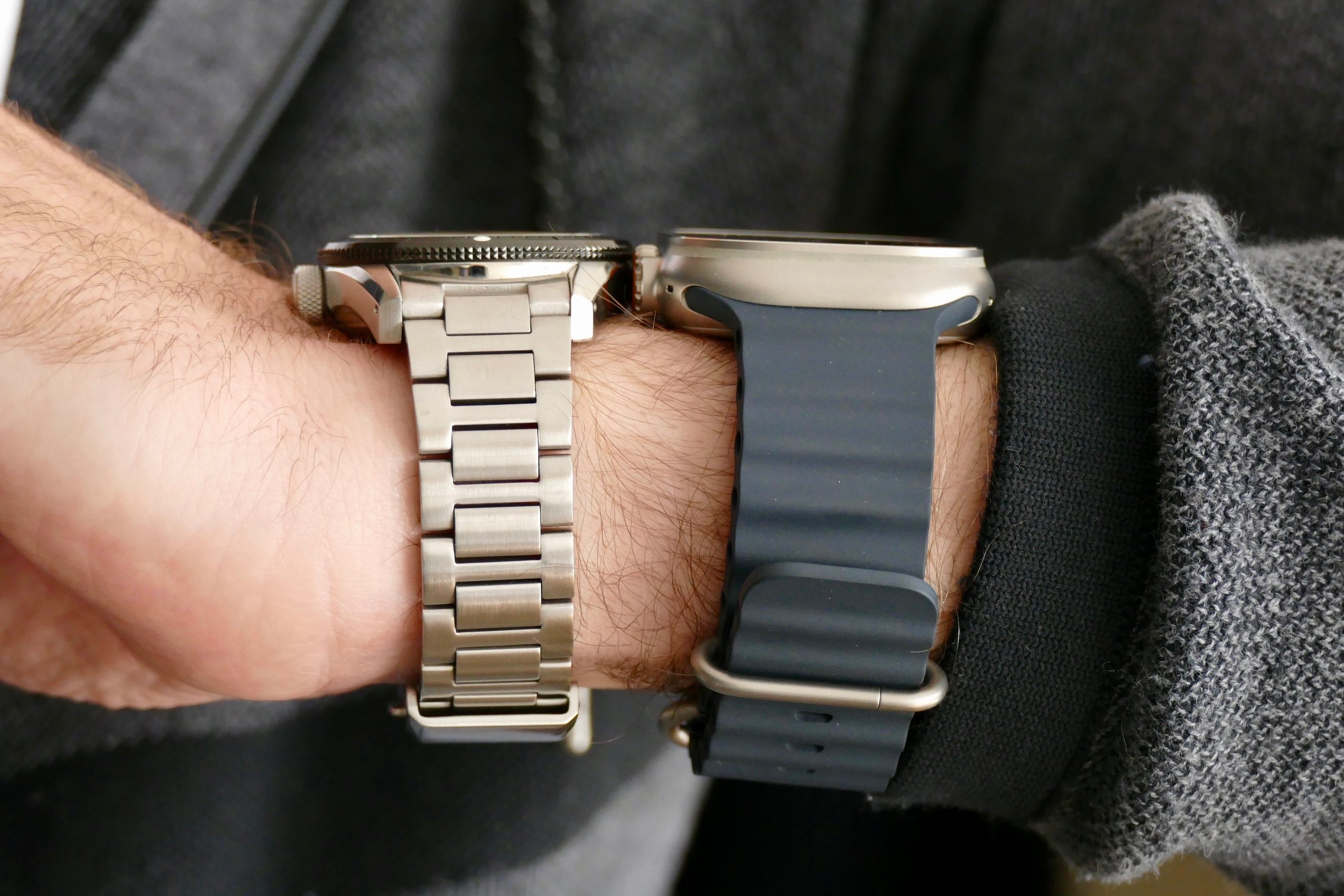 The Apple Watch Ultra with the Nodus Sector Dive seen from the side on a wrist.