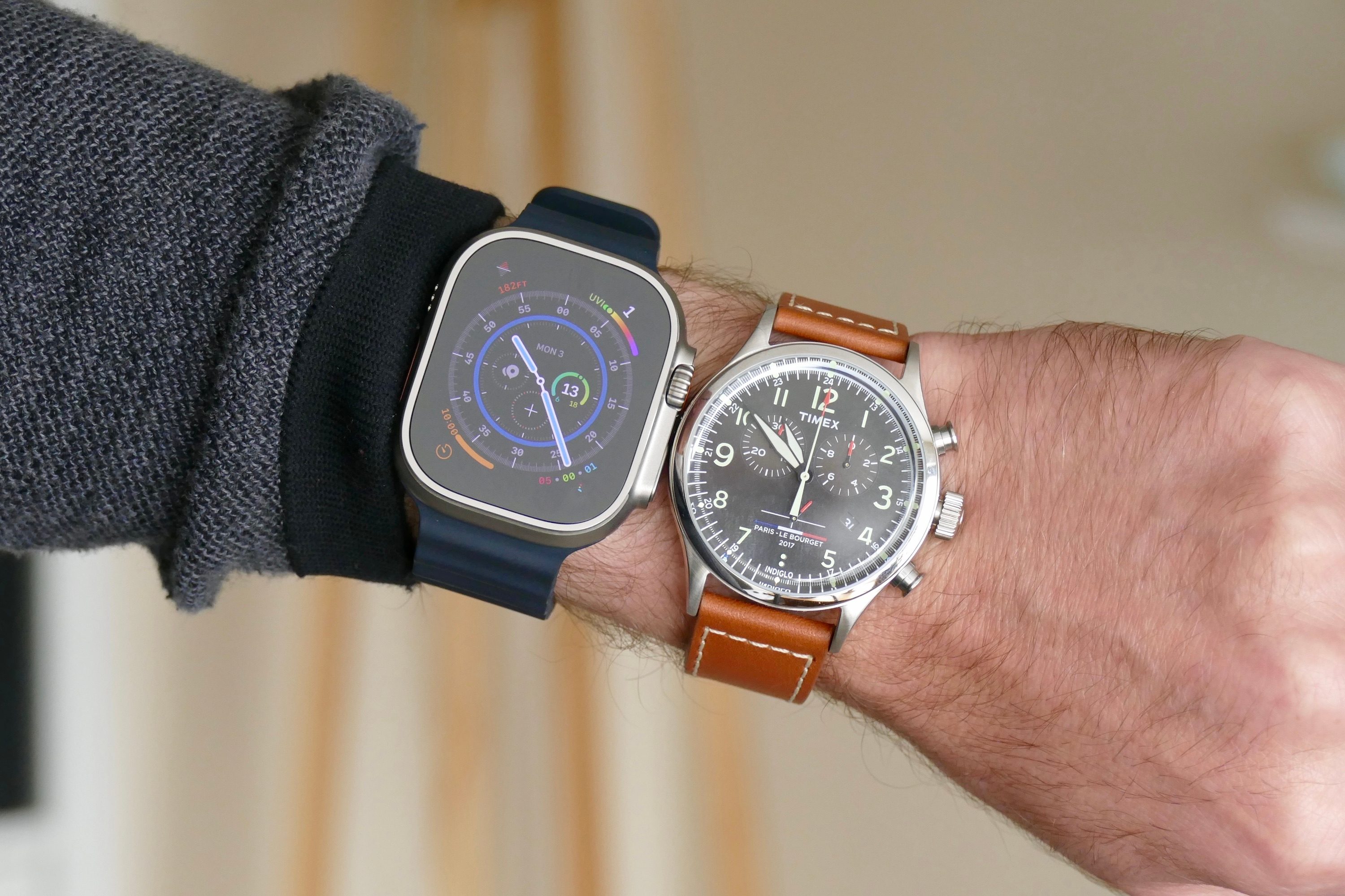 The Apple Watch Ultra and Timex Waterbury Chronograph.