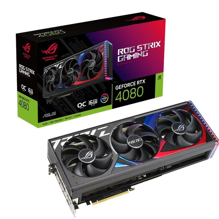 Asus GeForce RTX 4080 ROG Strix OC graphics card and box.