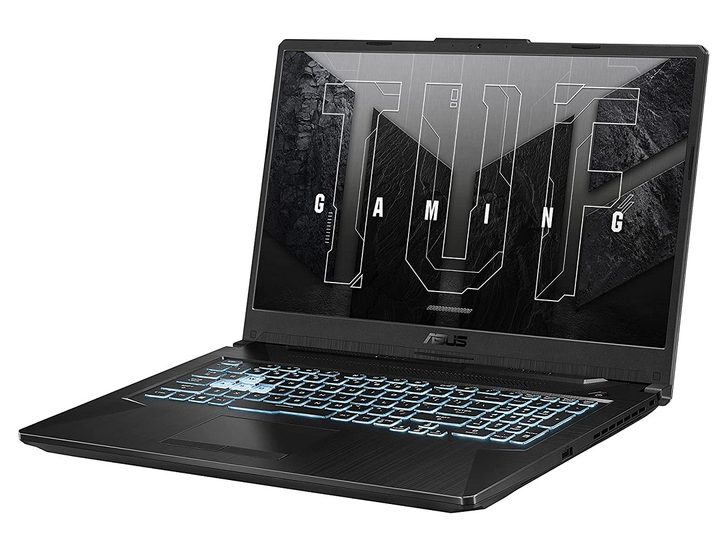 The Asus TUF F17 gaming laptop with the TUF logo on the screen.