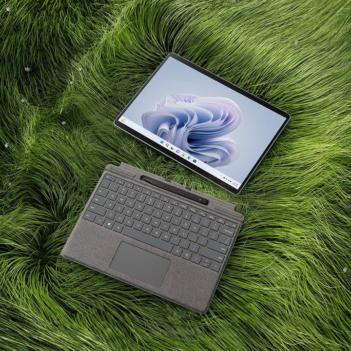 Microsoft Surface Pro 9 top down showing tablet and Type Cover.