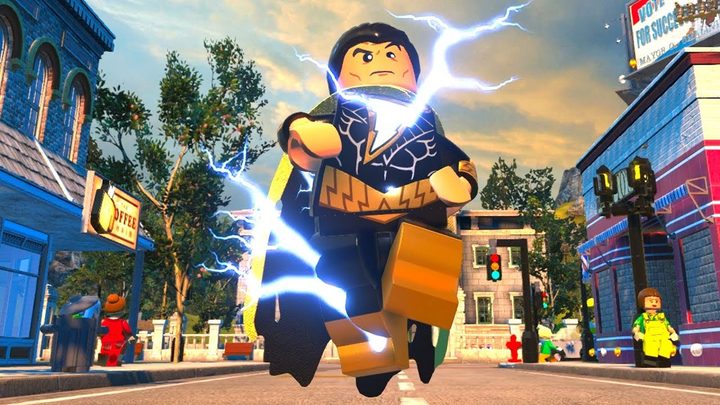 Lego Black Adam with lightning coming out of him in the game Lego DC Super-Villains.