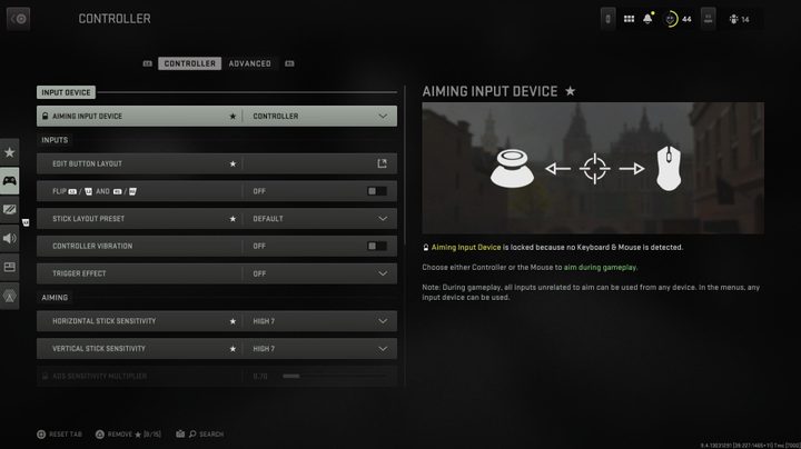 Controller menu in Modern Warfare II.