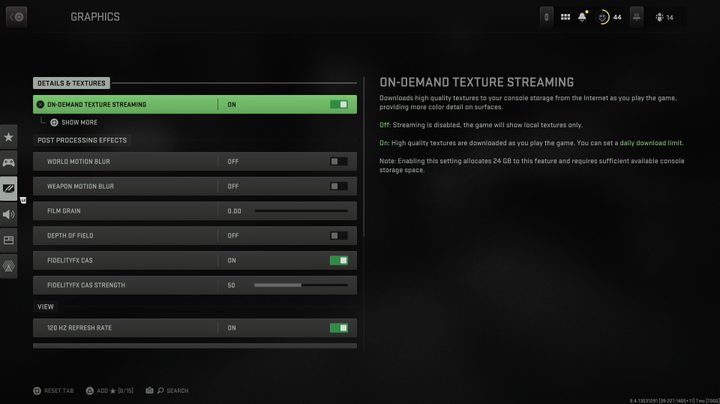 Graphics menu in Modern Warfare II.