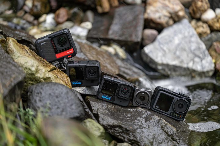 The DJI Action 2, Action 3, GoPro Hero 10 and 11, and the Insta360 One RS.