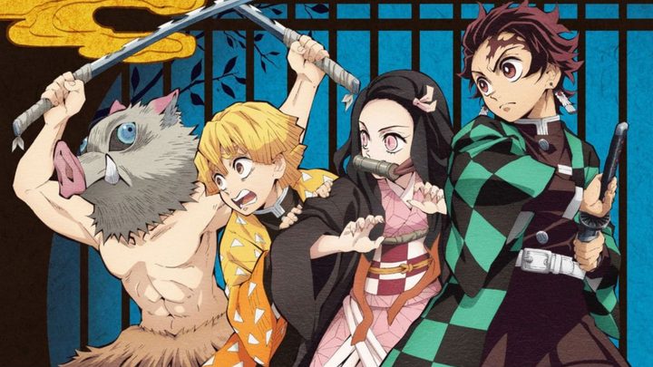 Demon Slayer anime key art featuring the main cast in action poses.