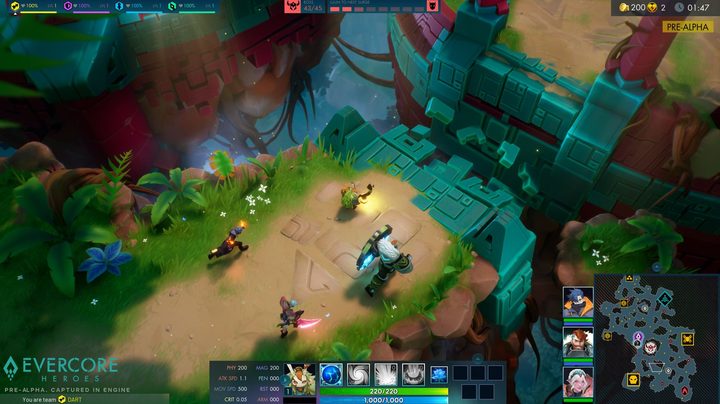 Four heroes travel to an objective in Evercore Heroes.