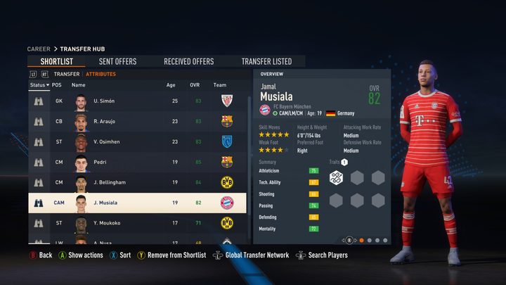 A shortlist of players in FIFA 23 containing Jamal Musiala.