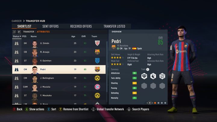 A shortlist of players in FIFA 23 containing Pedri.