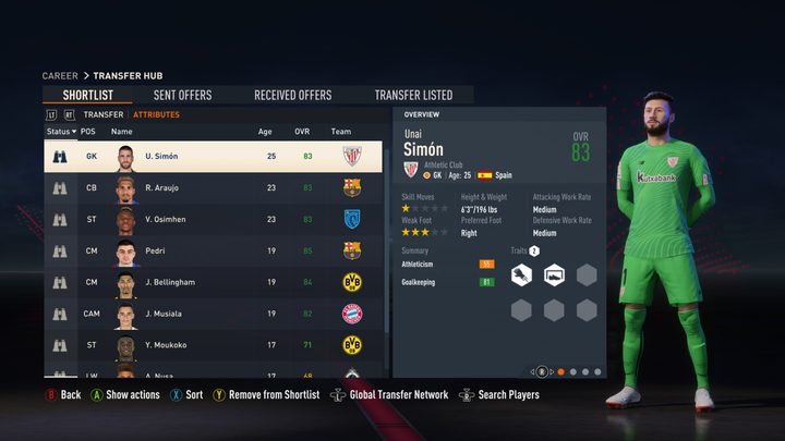 A shortlist of players in FIFA 23 containing Unai Simón.
