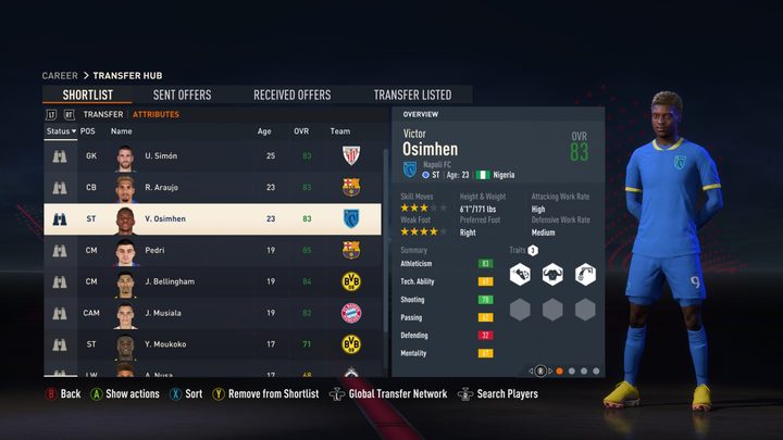 A shortlist of players in FIFA 23 containing Victor Osimhen.