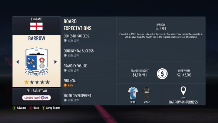 A screenshot from FIFA 23 showing the information board of Barrow.