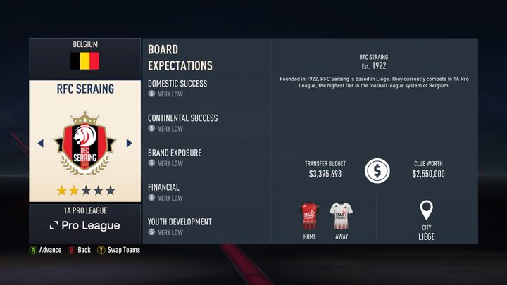 A screenshot from FIFA 23 showing the information board of RFC Seraing.