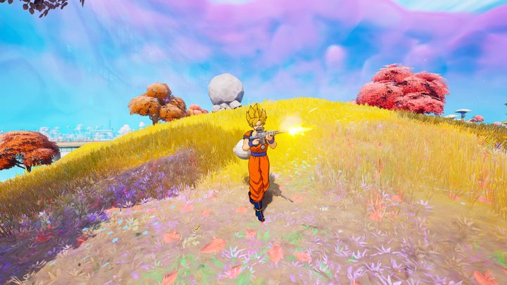 Goku shooting enemies in Fortnite.
