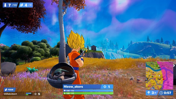 Goku shooting enemies in Fortnite.