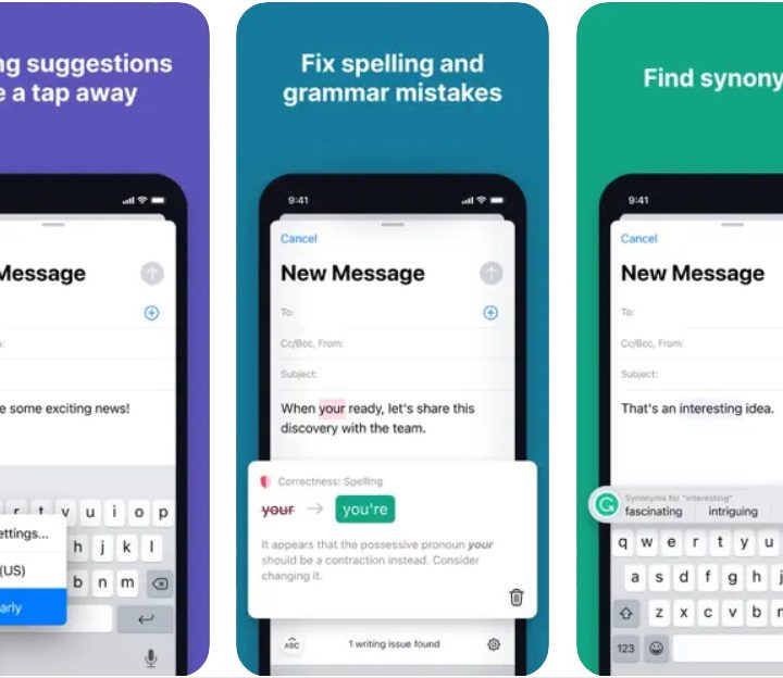 Grammarly App for iOS three screenshots.