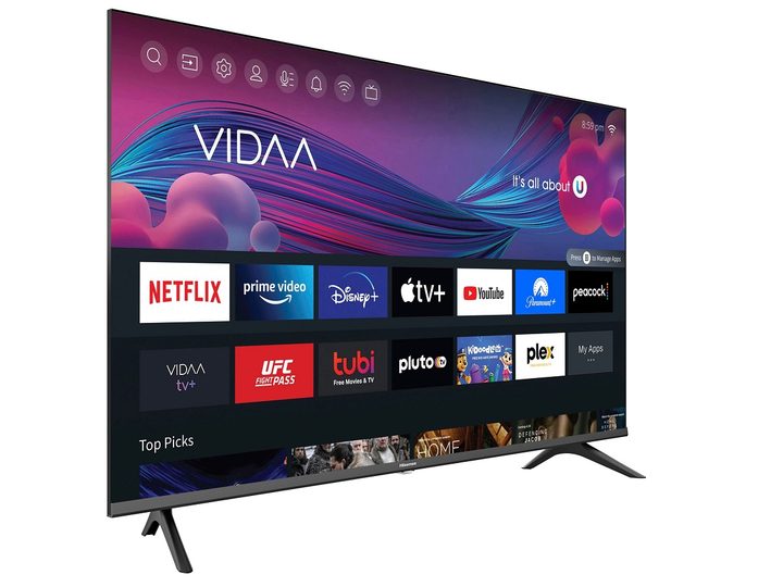 The Hisense A4G Series 4K TV with the Vidaa TV interface on the screen.
