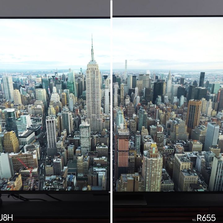 Side by side comparison of images of a city skyline on the Hisense U8H vs TCL 6-Series R655.
