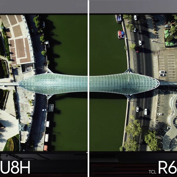 Hisense Side by side comparison of an aerial view of a bridge on the8H vs TCL 6-Series R655.