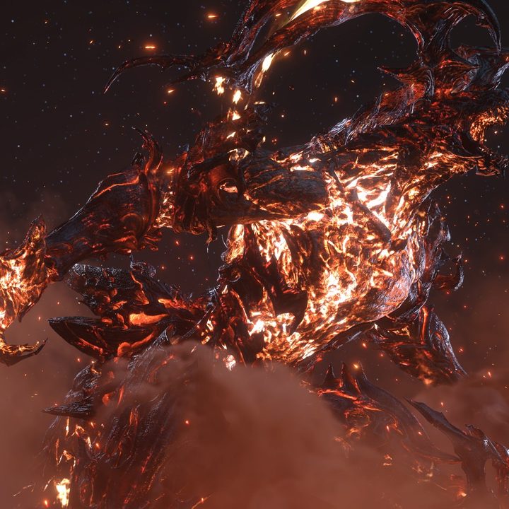 Ifrit roaring in Final Fantasy 16 surrounded by fire.