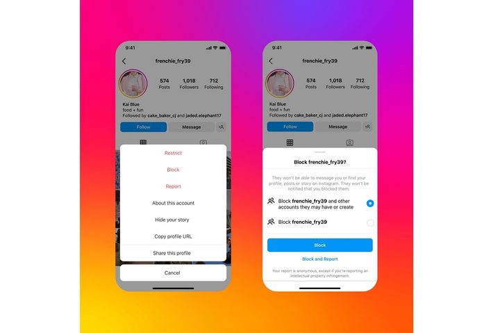 Two mobile screenshots Instagram's expanded blocking feature.