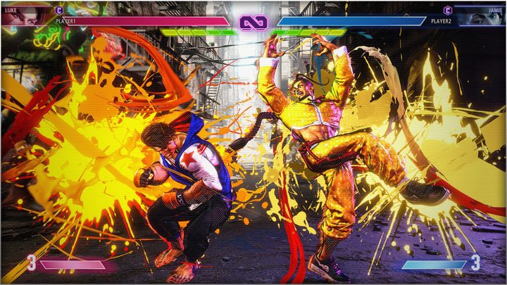 Luke and Jamie about to clash with a drive impact attack in street fighter 6.