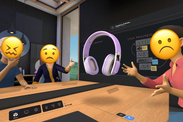 Meta Quest Pro Horizon Workrooms example has been altered with unhappy emojis over the avatars.