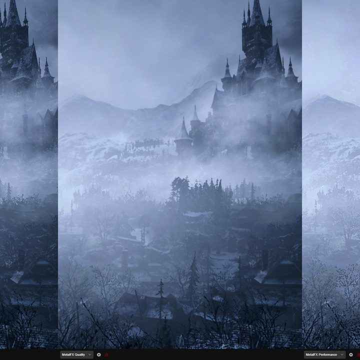 Three side-by-side shots of MetalFX upscaling.