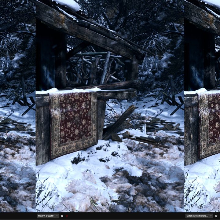 Three side-by-side photos comparing MetalFX upscaling modes.
