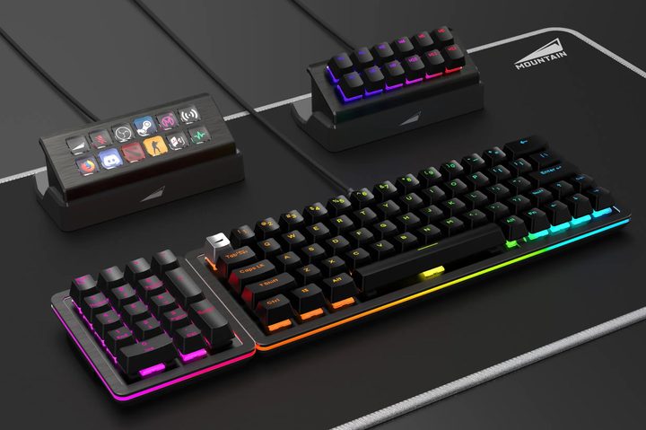 Mountain DisplayPad and MacroPad are shown with a Mountain Everest Max keyboard