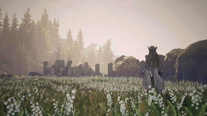 Nora standing in a grassland infront of a ruined castle.
