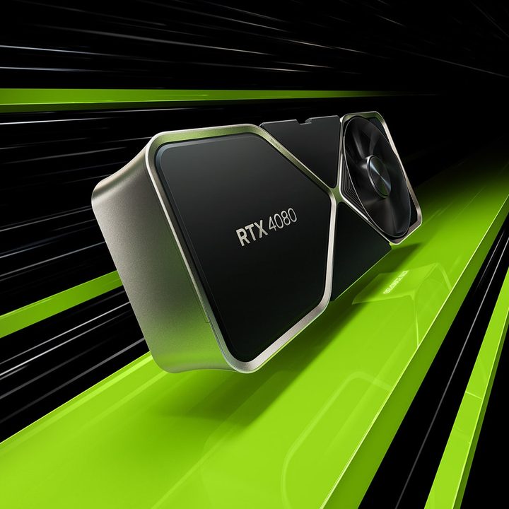 Nvidia GeForce RTX 4080 graphics card is shown flying over green perspective lines.
